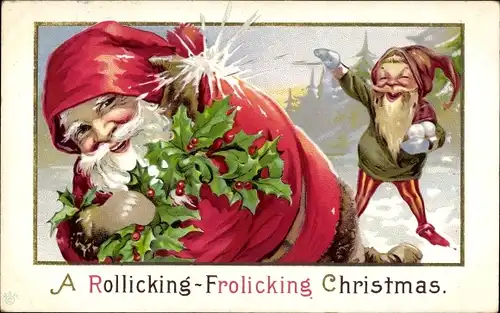 Präge Ak Frohe Weihnachten, Weihnachtsmann, Zwerg, Stechpalmenzweige, Schneeballschlacht