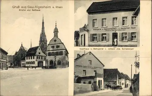 Ak Gau Algesheim am Rhein, Kirche, Rathaus, Gasthaus und Metzgerei zum Deutschen Haus