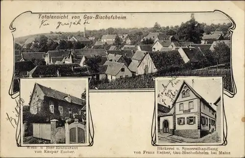 Ak Gau Bischofsheim Rheinland Pfalz, Gesamtansicht, Restaurant Kaspar Escher, Bäckerei u. Handlung