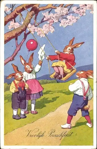 Ak Glückwunsch Ostern, Osterhasen, Schaukel, Luftballon, BKWI 4746-3