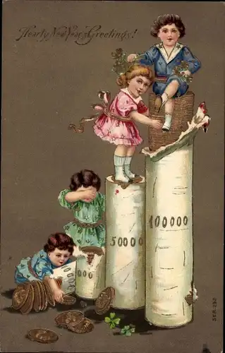 Präge Ak Glückwunsch Neujahr, Kinder, Münzrollen, Glücksklee