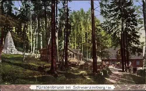 Ak Waschleithe Grünhain Beierfeld im Erzgebirge, Köhlerhütte Fürstenbrunn, Denkmal Prinzenraub