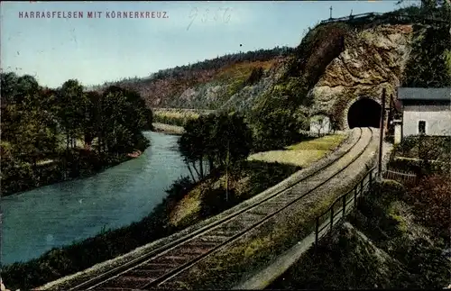 Ak Braunsdorf Niederwiesa Sachsen, Harrasfelsen im Zschopautal, Körnerkreuz, Eisenbahntunnel