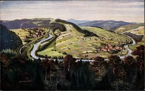 Künstler Ak Augustusburg im Erzgebirge, Blick vom Restaurant Kunnerstein auf den Ort