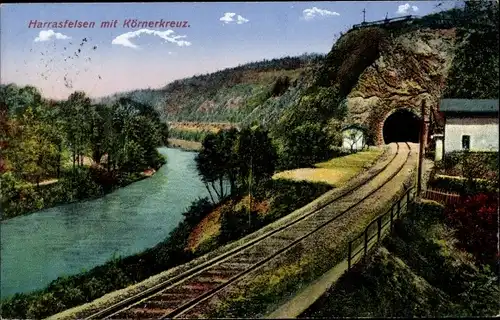 Ak Braunsdorf Niederwiesa Sachsen, Harrasfelsen im Zschopautal, Körnerkreuz, Eisenbahntunnel