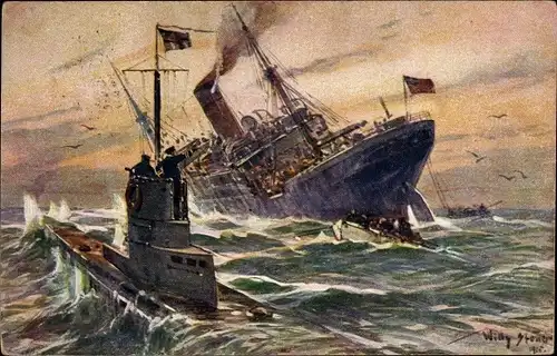 Künstler Ak Stöwer, Willy, Vernichtung eines englischen Handelsdampfers durch ein deutsches U-Boot