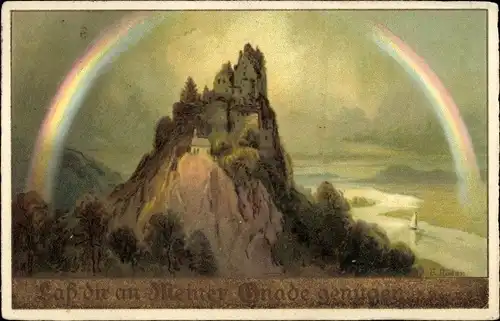 Künstler Ak Röder, G., Lass dir an Meiner Gnade genügen, Landschaft mit Regenbogen