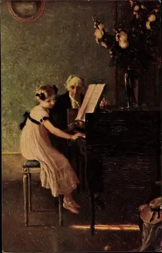 Künstler Ak Meunier, Erste Klavierstunde, Mädchen am Klavier