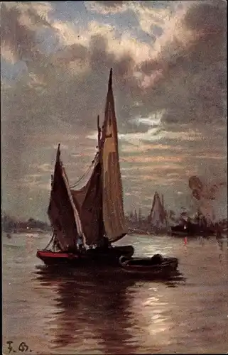 Künstler Ak Bayerlein, Fritz, Segelboot, Fischerboot auf dem Wasser