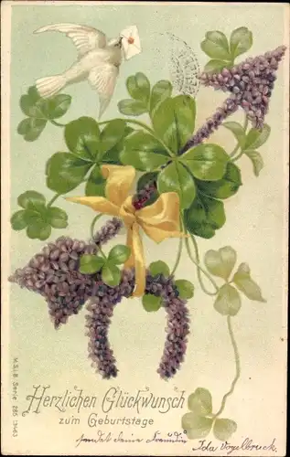 Präge Litho Glückwunsch Geburtstag, Kleeblätter, Pfeil aus Veilchen