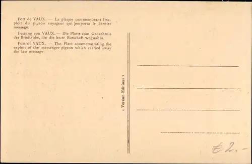 Ak Douaumont Vaux Meuse, Festung von Vaux, Platte zum Gedächtnis der Brieftaube, I WK