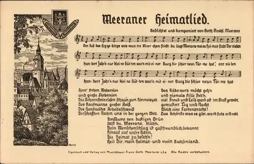 Lied Ak Krahl, G., Meerane in Sachsen, Meeraner Heimatlied, Wappen, Kirche