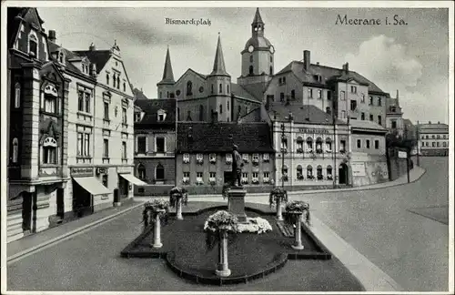 Ak Meerane in Sachsen, Bismarckplatz mit Bismarckdenkmal