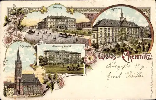 Litho Chemnitz in Sachsen, Bahnhof, Staatslehranstalt, Rathaus