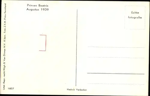 Ak Prinzessin Beatrix der Niederlande, August 1939