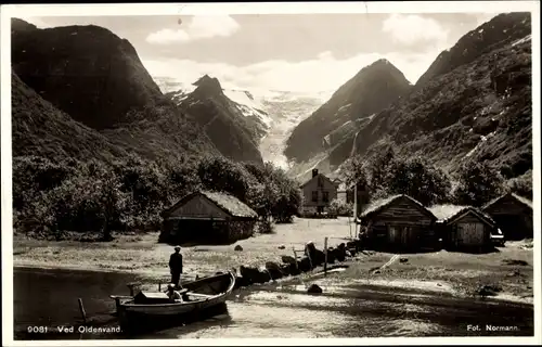 Ak Oldenvand Norwegen, Hütten am Fluss, Ruderboot, Gletscher