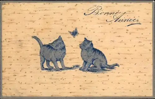 Präge Litho Glückwunsch Neujahr, zwei Katzen, Schmetterling