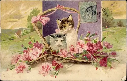 Präge Litho Zwei Katzen in einem Korb, Nelken