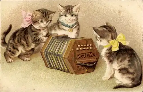 Präge Litho Drei junge Katzen mit Ziehharmonika, Konzertina