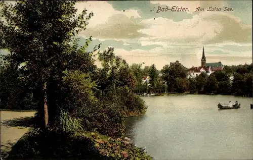 Ak Bad Elster im Vogtland, Am Luisa-See, Bootsfahrt, Kirchturm