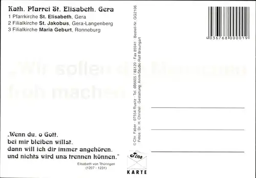 Ak Gera in Thüringen, Pfarrkirche St. Elisabeth, Filialkirche St. Jakobus, Filialkirche Maria Geburt