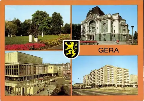 Ak Gera in Thüringen, Park der Opfer des Faschismus, Theater, Haus der Kultur, Wappen