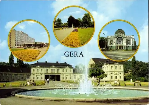 Ak Gera in Thüringen, Springbrunnen, Park Opfer des Faschismus, Interhotel Gera, Theater