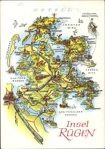Landkarten Ak Insel Rügen, Stralsund, Bergen, Lohme, Tromper Wiek, Ummanz