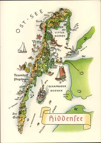 Landkarten Ak Insel Hiddensee Ostsee, Vitte, Neuendorf, Plogshagen, Neuendorf, Bodden, Kloster