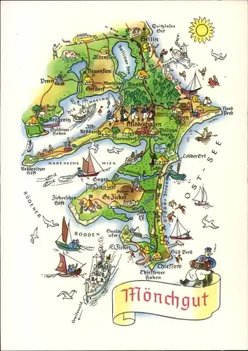 Landkarten Ak Mönchgut Insel Rügen, Bodden, Sellin, Preetz, Wiek, Göhren