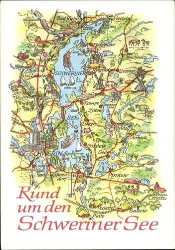 Landkarten Ak Schwerin in Mecklenburg, Rund um den Schweriner See, Mueß, Pinnow, Bad Kleinen