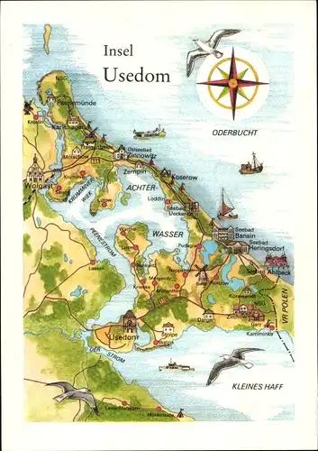Landkarten Ak Insel Usedom, Nautischer Stern, Achterwasser, Kleines Haff, Oderbucht