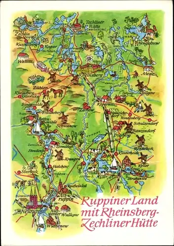 Landkarten Ak Neuruppin in Brandenburg, Ruppiner Land mit Rheinsberg, Zechliner-Hütte