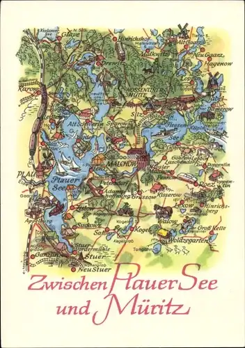 Landkarten Ak Plau am See Mecklenburg, Zwischen Plauer See und Müritz, Malchow, Stuer