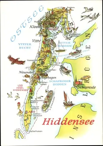 Landkarten Ak Insel Hiddensee in der Ostsee, Kloster, Vitte, Vitter Bucht, Neuendorf, Schaprode