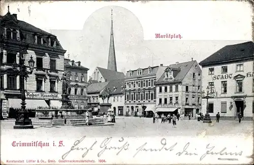 Ak Crimmitschau in Sachsen, Marktplatz, Kirche, Geschäft Robert Hauschild, Brunnen, Laterne