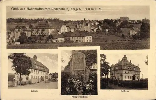 Ak Reitzenhain Marienberg im Erzgebirge, Gesamtansicht, Schule, Rathaus, Kriegerdenkmal