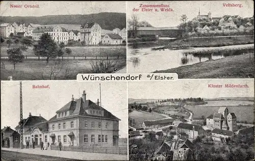 Ak Wünschendorf an der Elster, Bahnhof, Neuer Ortsteil, Kloster Mildenfurth, Veitsberg