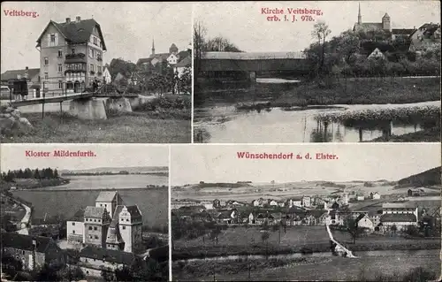 Ak Wünschendorf an der Elster, Kloster Mildenfurth, Veitsberg, Kirche Veitsberg, Panorama