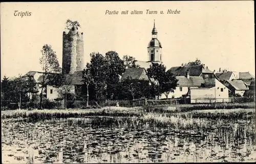 Ak Triptis in Thüringen, Partie mit altem Turm und Kirche