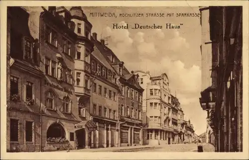 Ak Mittweida in Sachsen, Blick in die Rochlitzer Strasse, Sparkasse, Hotel Deutsches Haus
