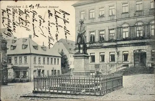 Ak Hainichen in Sachsen, Gellert Denkmal, Rathaus, Ratskeller