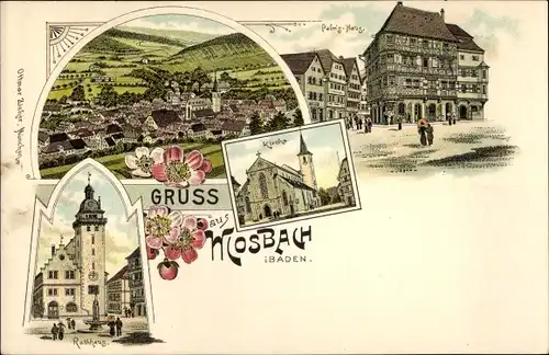 Litho Mosbach am Odenwald Baden, Rathaus, Kirche, Palm's Haus, Gesamtansicht