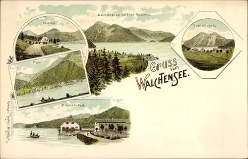 Litho Walchensee Kochel am See, Klösterl, Post, von der Schönen Aussicht, Sachenbach