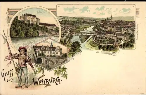 Litho Weilburg an der Lahn, Gesamtansicht, Schloss, Viehhof, Stadtwache