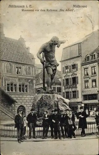 Ak Mulhouse Mülhausen Elsass Haut Rhin, Monument vor dem Rathaus Die Arbeit