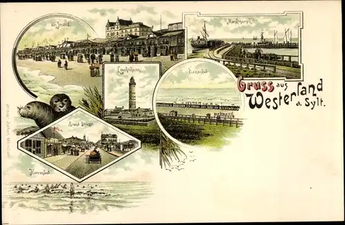 Litho Westerland auf Sylt, Strand, Leuchtturm, Herrenbad, Damenbad, Robben