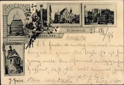 Ak Hildesheim in Niedersachsen, Knochenhaueramtshaus, Rathaus, Kirche, Tempelherrenhaus