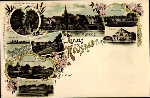Litho Neustadt am Rübenberge, Große Brücke, Bahnhof, Kleine Brücke, Wasserfall, Landratsamt