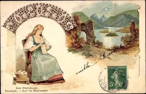 Ak Frau in intelligenter Tracht beim Klöppeln, Klöppekwerk, Klöpplerin